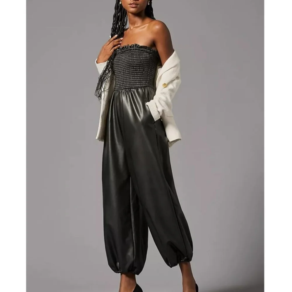 NWT Anthro Black Faux Leather Smocked Balloon Pant Jumpsuit M - Picture 7 of 13